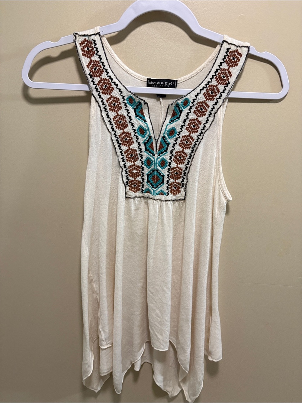 About A Girl Cream Tank with Turquoise and Brown Embroidered Yoke